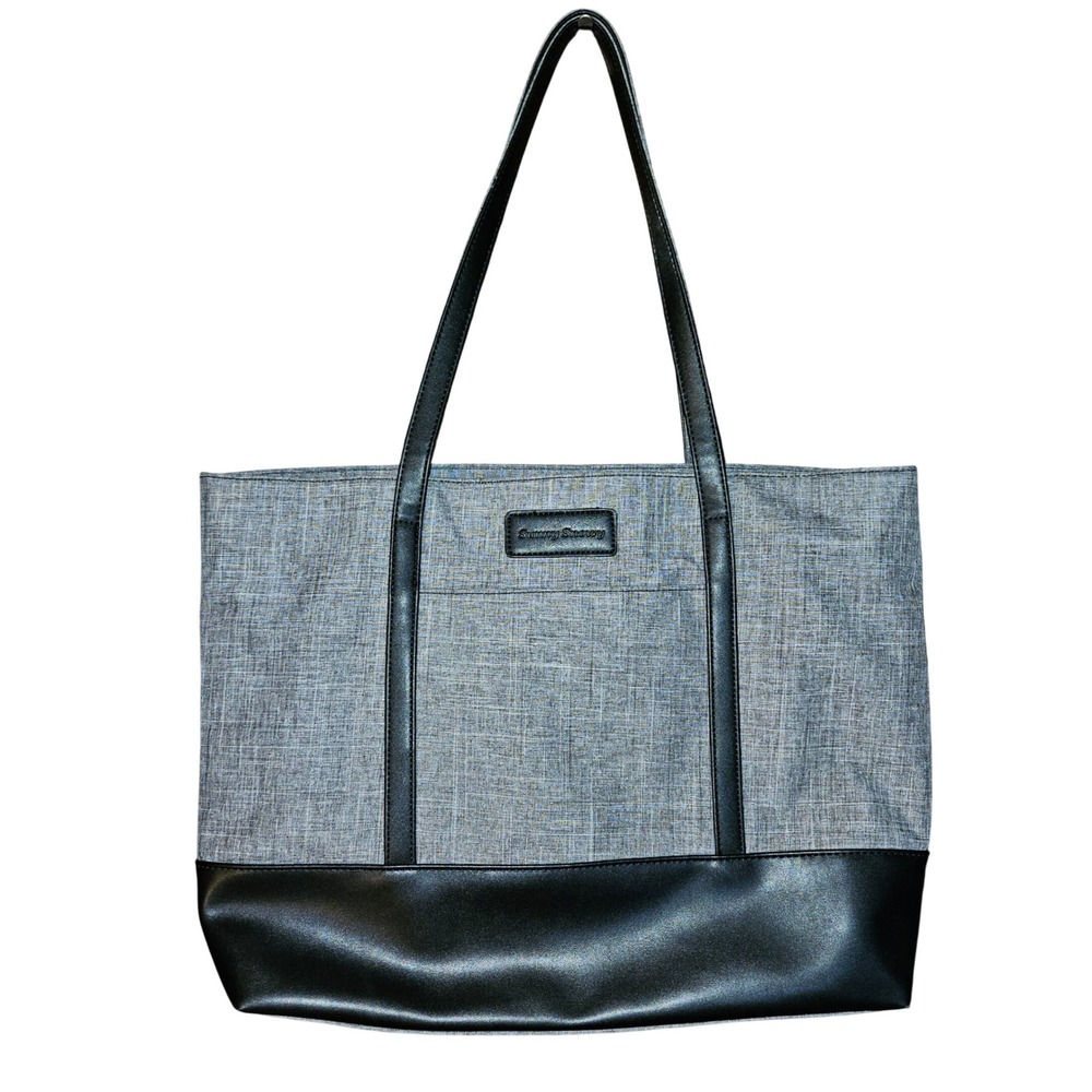 Sunny Snowy Gray Canvas Black Faux Leather Laptop Tote Bag Work Commuter Large